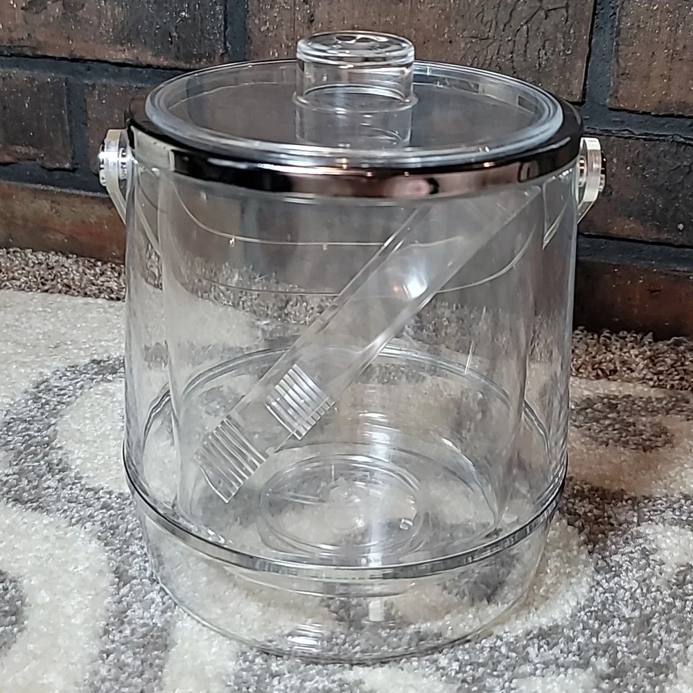 Vintage Ice Bucket with lid and tongs clear lucite chrome bands double wall